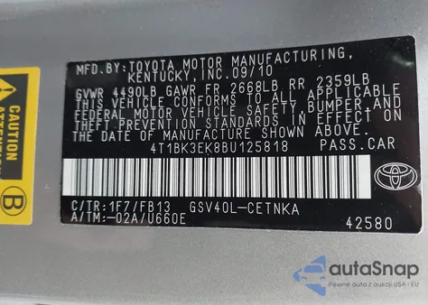 2011 Toyota Camry Le V6 from USA, damaged, VIN 4T1BK3EK8BU125818